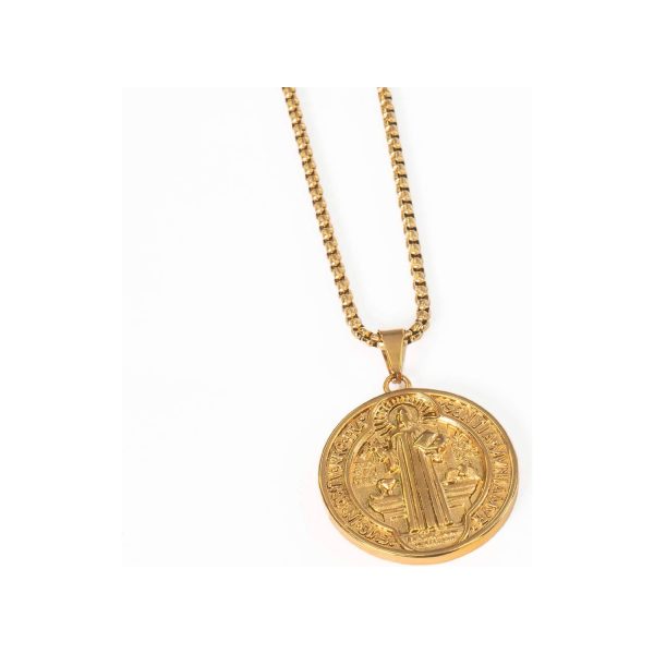 AR MEDALLA Y CADENA SAN BENITO ACERO ORO